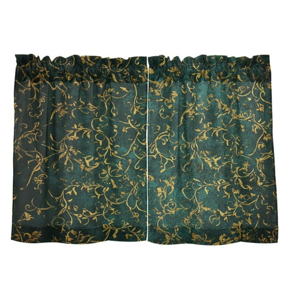 Gold Scrolls on Green Pattern 27"x36" Linen Look Cafe Curtain Set with Privacy and UV Protection