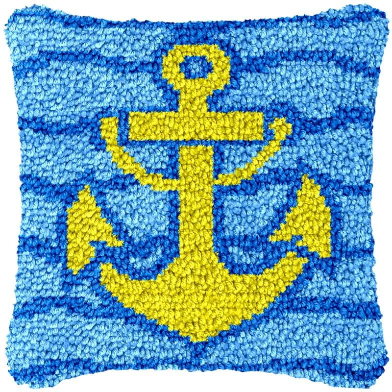 Gold Sea Anchor Latch Hook Pillow Cover Kits for DIY Handmade Throw Pillow Cross Stitch Latch Hook Pillowcase Rug Kits with Preprinted Color Pattern Canvas Crochet Yarn Kits 17''X 17''(ch242)