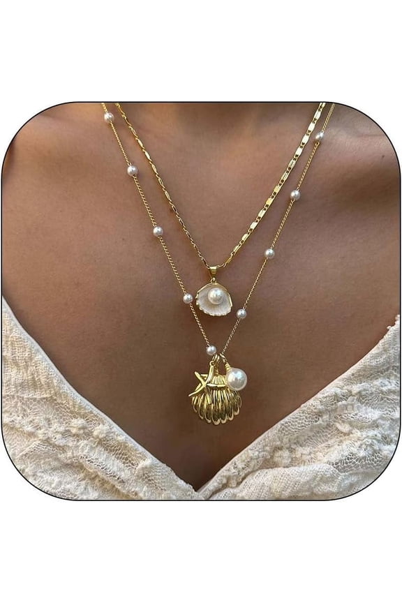 Gold Sea Shell Charm Necklace Jewelry for Women Summer Boho Seashell Beach Starfish Necklace Fashion Accessories Summer Beach Vacation Clothes Dresses