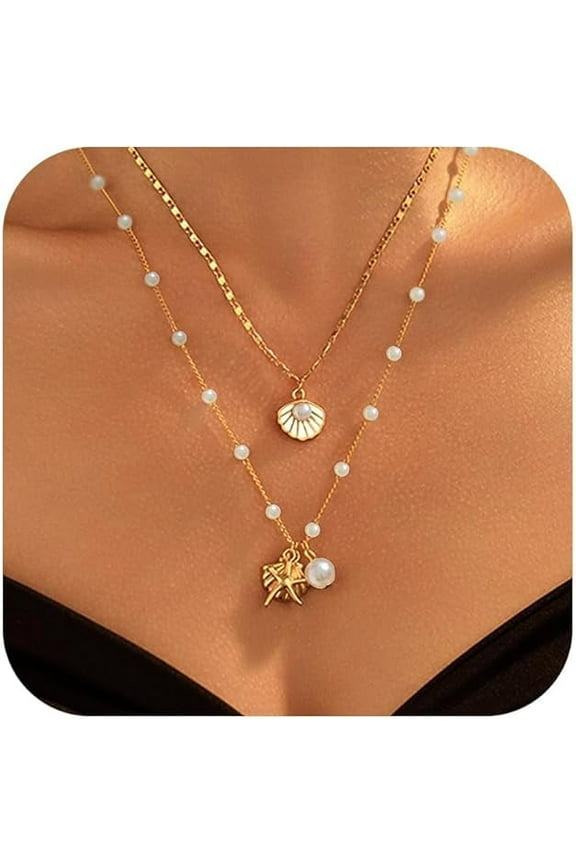 Gold Sea Shell Necklace,Layer Charm Necklace for Women Boho Seashell Beach Starfish Necklace for Women Halloween Costume Jewelry Accessories Dresses