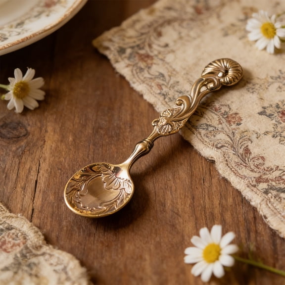 Gold Seashell Handle Dessert Spoon | Vintage Elegant Stainless Steel Spoon for Ice Cream, Pudding, Yogurt, Coffee, Tea | 3.93 Inch Kitchen Dining Spoon | Set of 1