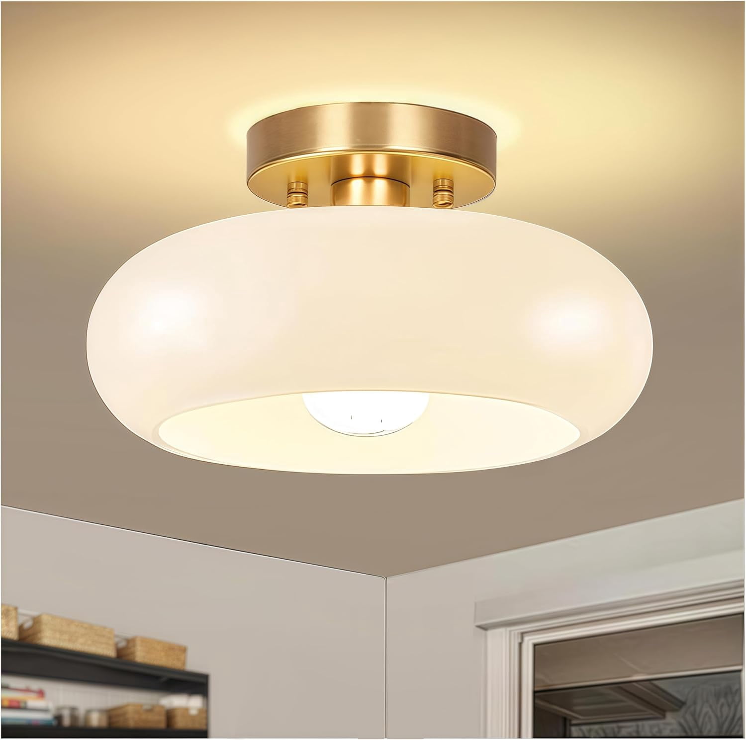 Gold Semi Flush Mount Ceiling Light,11inch Mid-Century Modern Light Fixture, Hallway Light Fixtures with White Milk Glass Shade,Vintage Lighting fixtures for entryway,Bedroom,Kitchen,Porch