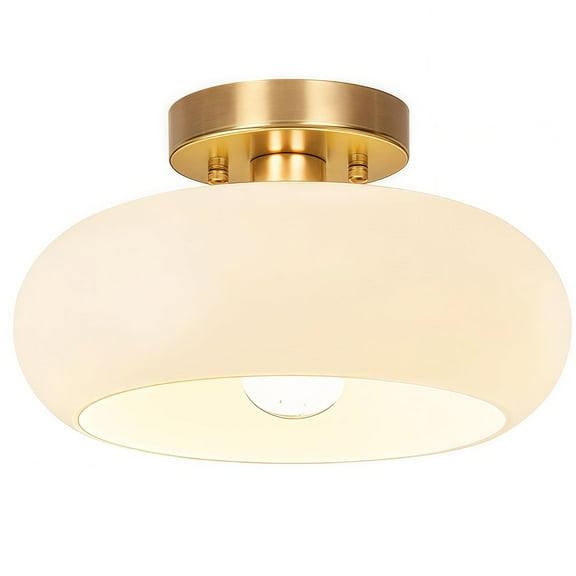 Gold Semi Flush Mount Ceiling Light,11inch Mid-Century Modern Light Fixture, Hallway Light Fixtures with White Milk Glass Shade,Vintage Lighting fixtures for entryway,Bedroom,Kitchen,Porch