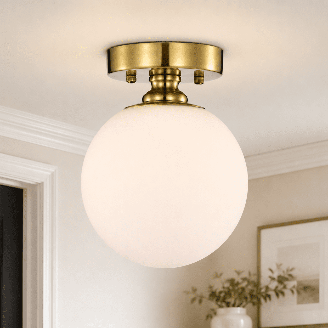 Modern Dimmable Gold Flush Mount Ceiling Light for Bathroom Hallway Closet Entryway with 7in Opal Glass Globe Shade