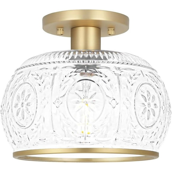 Gold Semi-Flush Mount Ceiling Light with Globe Glass – Vintage Ceiling Lighting for Hallway, Kitchen, Entryway, Bathroom & Closet
