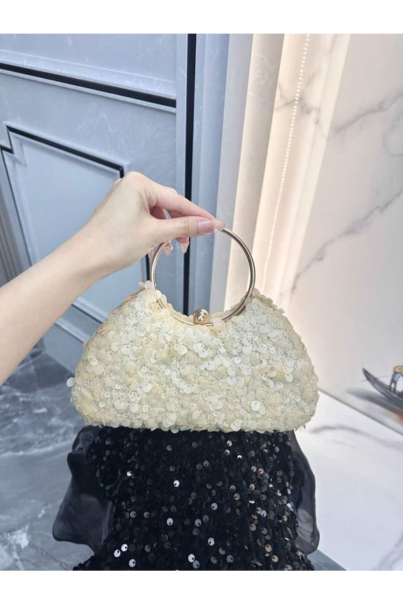 Gold Sequin Cloud Clutch With Metal Ring Handle Evening Bag
