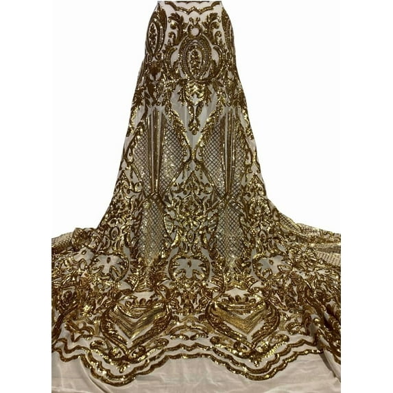 Gold Sequin/Gold Mesh Lace Fabrics/Stretch Sequin Fabric/4 Way Stretch Sequins/Bridal Sequins Lace/Lace Fabric -Selling by The Yard- for Dresses-Wedding/Prom/Programs/Gowns