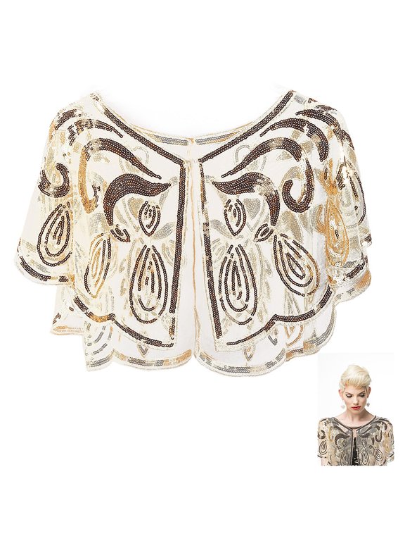 Gold Sequin Shawl Wrap 1920s Womens Polyester Flapper Cover Up Sequins Beaded Sheer Silky Chiffon Evening Cape Shawls and Wraps for Women Evening Dresses Party Wedding Formal Accessories DIY