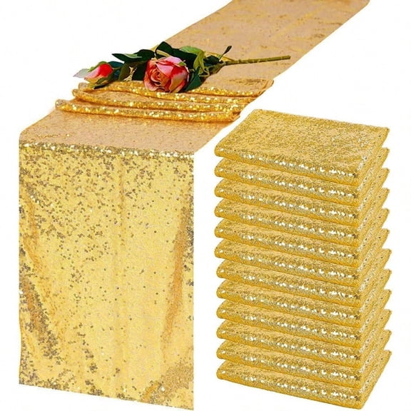 Gold Sequin Table Runner 12''x 108'' 12 Pack Sparkly Table Runner Glitter Table Cloth Runner for Party Reception Event Bridal Birthday Wedding