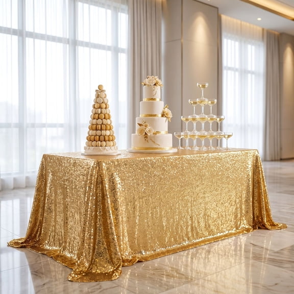 Gold Sequin Tablecloth, 60" Shiny Glitter Table Cover for Wedding, Graduation & Birthday, Anniversary & Party Decorations, Sparkly Photo Booth Backdrop, Reusable