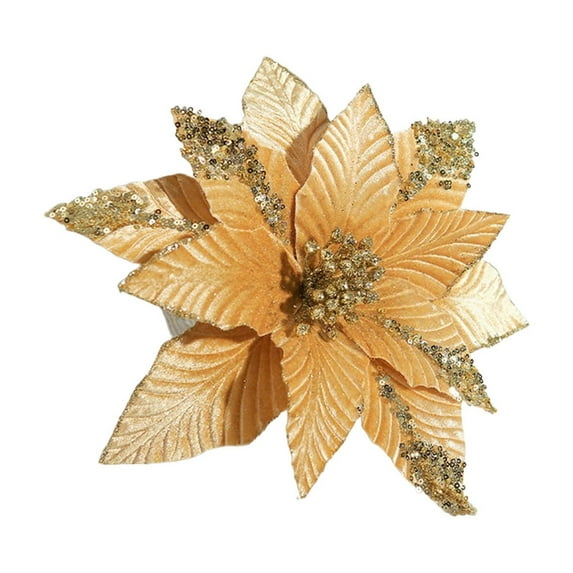 Gold Sequin Velvet Christmas Flower, Large Artificial Decorative Poinsettia Ornament for Christmas Tree, Wall, Door, Window, Holiday Party Décor