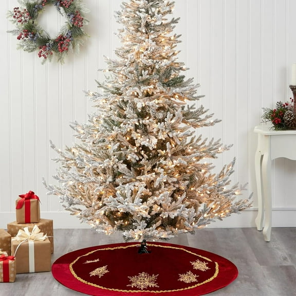 Gold Sequin Velvet Christmas Tree Skirt, Red Snowflake Holiday Tree Collar, Family Gathering Festive Tabletop Decor, Elegant Velvet Tree Skirt for Living Room Mantel Display and Seasonal Sopatenor