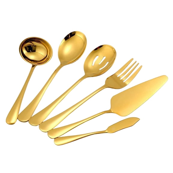 Gold Serving Flatware Set 6-Piece Stainless Steel Utensils with Cake Server, Slotted Spoon, Serving Spoon, Meat Fork, Butter Knife, Soup Ladle for Buffet Catering Wedding