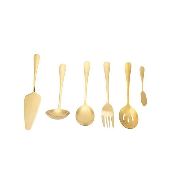 Gold Serving Utensils, 6-Piece Mirror Polished Superior Stainless Steel Flatware Silverware Set Include Serving Spoon, Slotted Serving Spoon, Soup Spoon, Butter Knife, Serving Fork, Pie Server