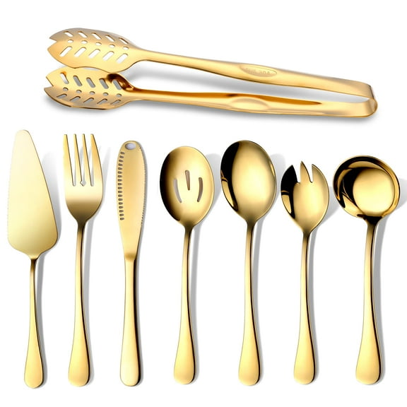 Gold Serving Utensils,8-Piece Polished Stainless Steel Flatware Silverware Set Include Serving Spoon, Slotted Spoon, Serving Tong, Cake Server, Soup Ladle, Fork, Salad Fork, Butter Knife