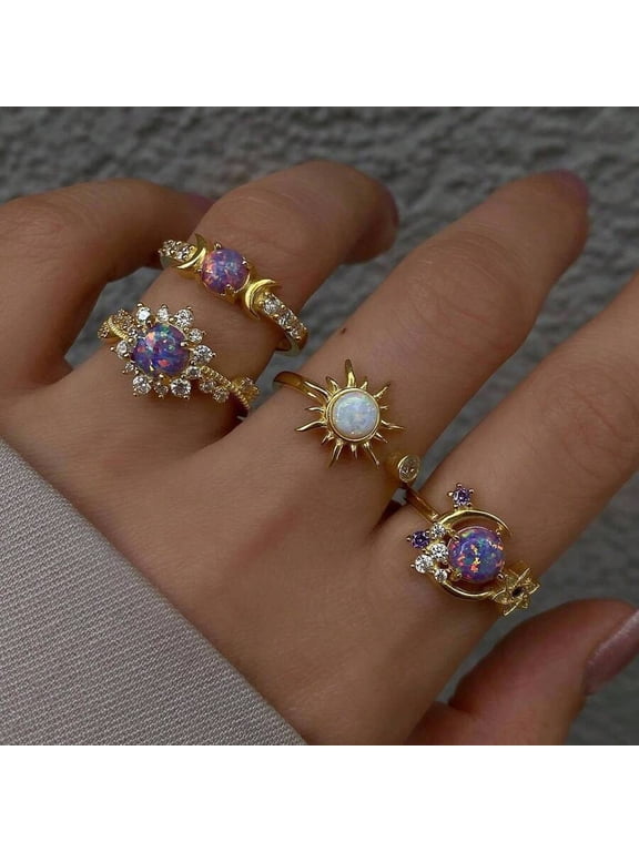 Gold Set Sun Moon Opal And Cubic Zirconia Geometric Ring Set For Women Daily Wear