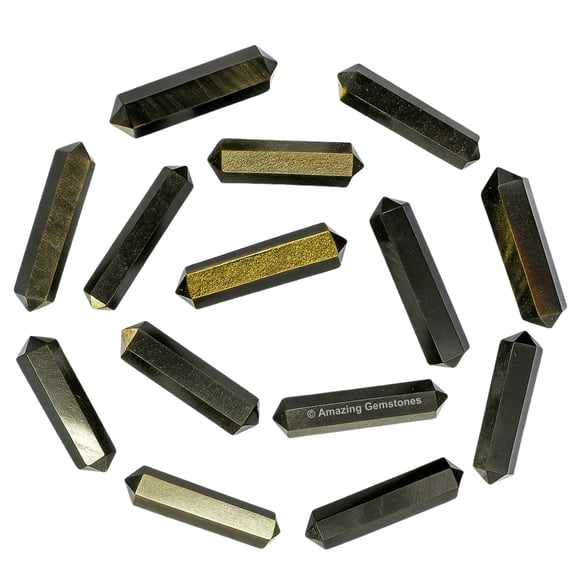 Gold Sheen Obsidian Crystal Points Bulk 3 Pcs, Hexagonal Healing Point Double Terminated