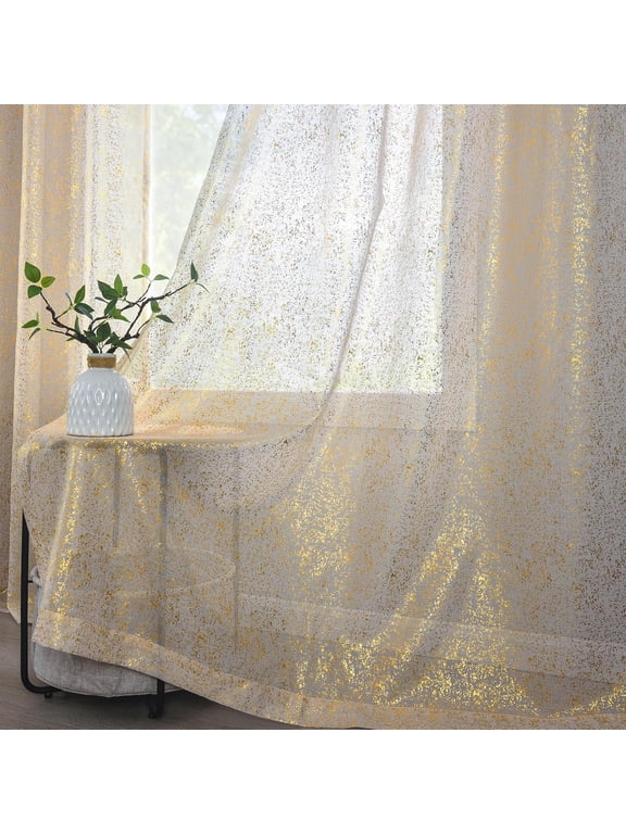 Gold Sheer Curtains, 2 Panels Sparkle Glitter Spray Metallic Sheer for Living Room, Privacy Grommet Shimmer Taupe Sheer Window Curtains, Gold Taupe