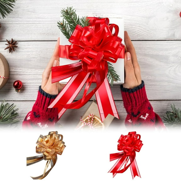 Gold Sheer Pull Bows Set, Wine Red Decorative Ribbons for Christmas Gift Wrapping, Holiday Party Decorations, Family Gathering Hostess Gift, Elegant Pull-Tie Bows for Mantel Display and Akmoler