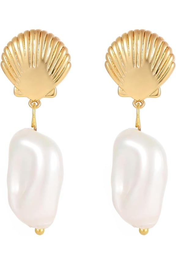 Gold Shell Drop Dangle Earrings for Women Chunky Statement Seashell Studs Trendy Beach Jewelry Gifts(E8-1)[s425]