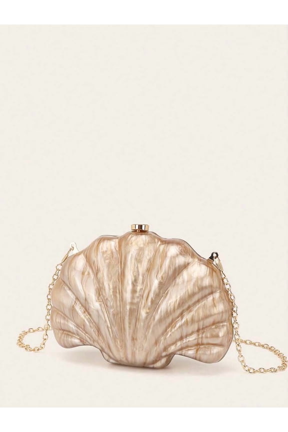 Gold Shell-Shape Acrylic Evening Clutch With Detachable Chain Strap