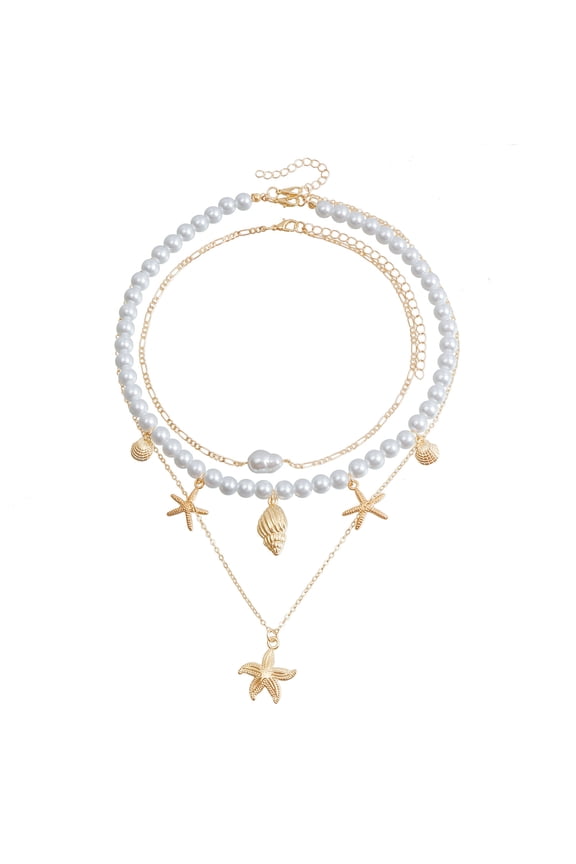 Gold Shell Starfish Mermaid Necklace,Pearl Beaded Seashell Beach Ocean Vacation Coastal Jewelry,Layered Stack Charming Necklace