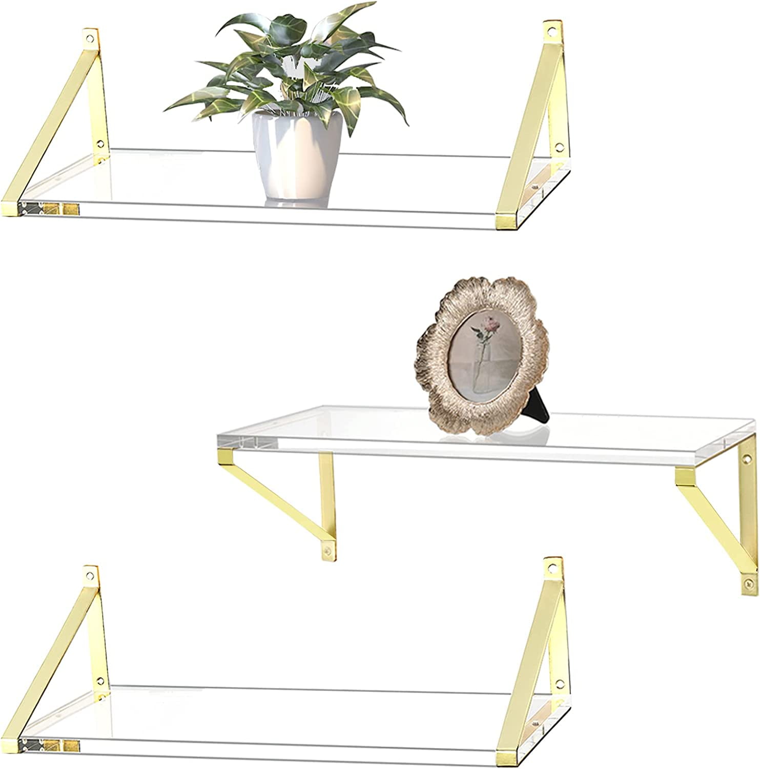 Gold Shelves CrystalClear Acrylic Floating Shelves,Gold Floating Shelves,Gold Wall Shelf,Sturdy