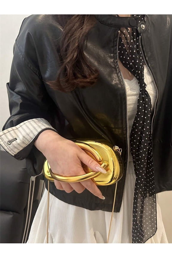 Gold Shiny Metallic Box Clutch Bag With Ring Handle Evening Purse
