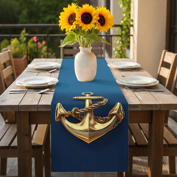 Gold Ship Anchor Table Runner 36 Inches Long,Kitchen Dining Tablerunners Blue Background Linen Table Runners Dresser Scarves for Home Dinner Wedding Holiday Party Decor