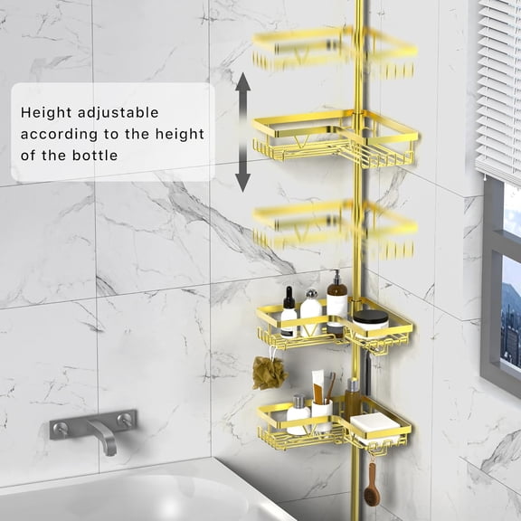 Gold Shower Caddy Tension Pole - 4-Tier Rustproof Organizer, Floor to Ceiling Rod 25-114.2 inch