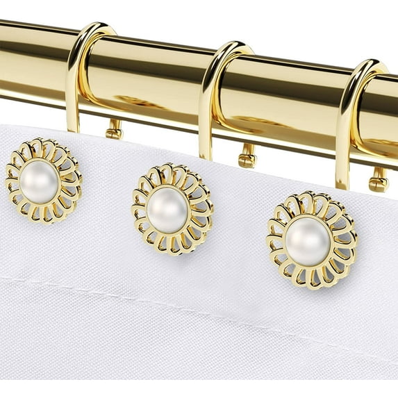 Gold Shower Curtain Hooks Rings, Decorative Shower Curtain Hangers, Heavy Duty Metal Shower Rings, Sunflower Shower Hooks for Shower Curtain Rod and Liner, Bathroom Curtain Hooks, Luxury Gold,