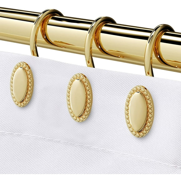 Gold Shower Curtain Hooks Rings, Decorative Shower Curtain Rings, Rust Resistant Metal Shower Hooks for Bathroom, Glide Shower Rings for Shower Curtain and Liner, Set of 12, Gold