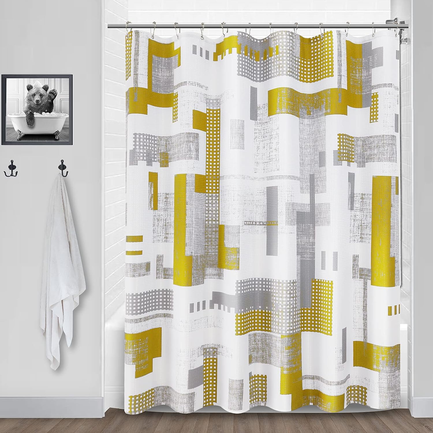 Gold Shower Curtain Set with 12 Hooks - Geometric Shower Curtains for Bathroom Decor Black and Grey Shower Curtain Simple Hotel SPA Bath Curtain - Waterproof Waffle Fabric Machine Washable, 72x72