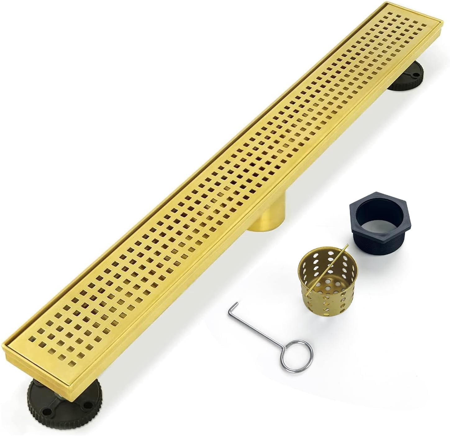 Muschbath 24 Inch Linear Shower Drain - Brushed Gold 304 Stainless Steel, Removable Grate, Easy Install