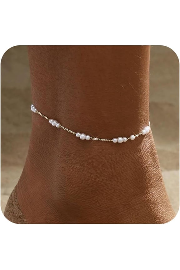Gold/Silver Ankle Bracelets for Women,14K Gold Anklets for Women Waterproof Pearl Heart Beads Evil Eye Rhinestone Anklets Set Layered Anklet Bracelets for Women Gold Jewelry