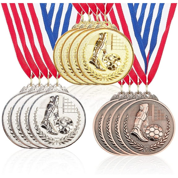 Gold Silver Bronze Soccer Medals 12 Pcs 3 Colors Soccer Medal Sports Style Winner Medals Gold Silver Bronze with Neck Ribbon colorful