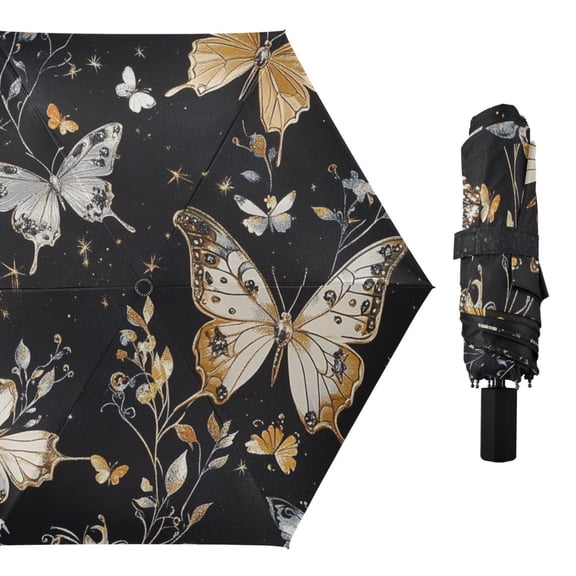 Gold Silver Butterflies Leaves All Weather Umbrella Triple Folding Parasol 6 Ribs UV Protection Portable