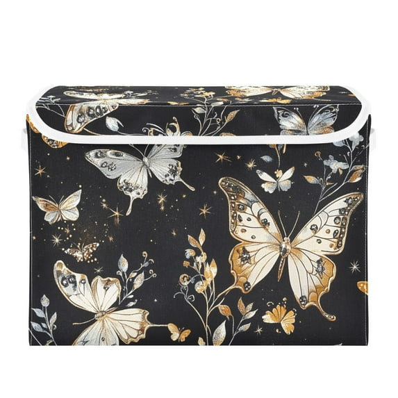 Gold Silver Butterflies Leaves Foldable Storage Bin with Lid and Handle Collapsible Storage Box 16.5 x 12.6 x 11.8 inches