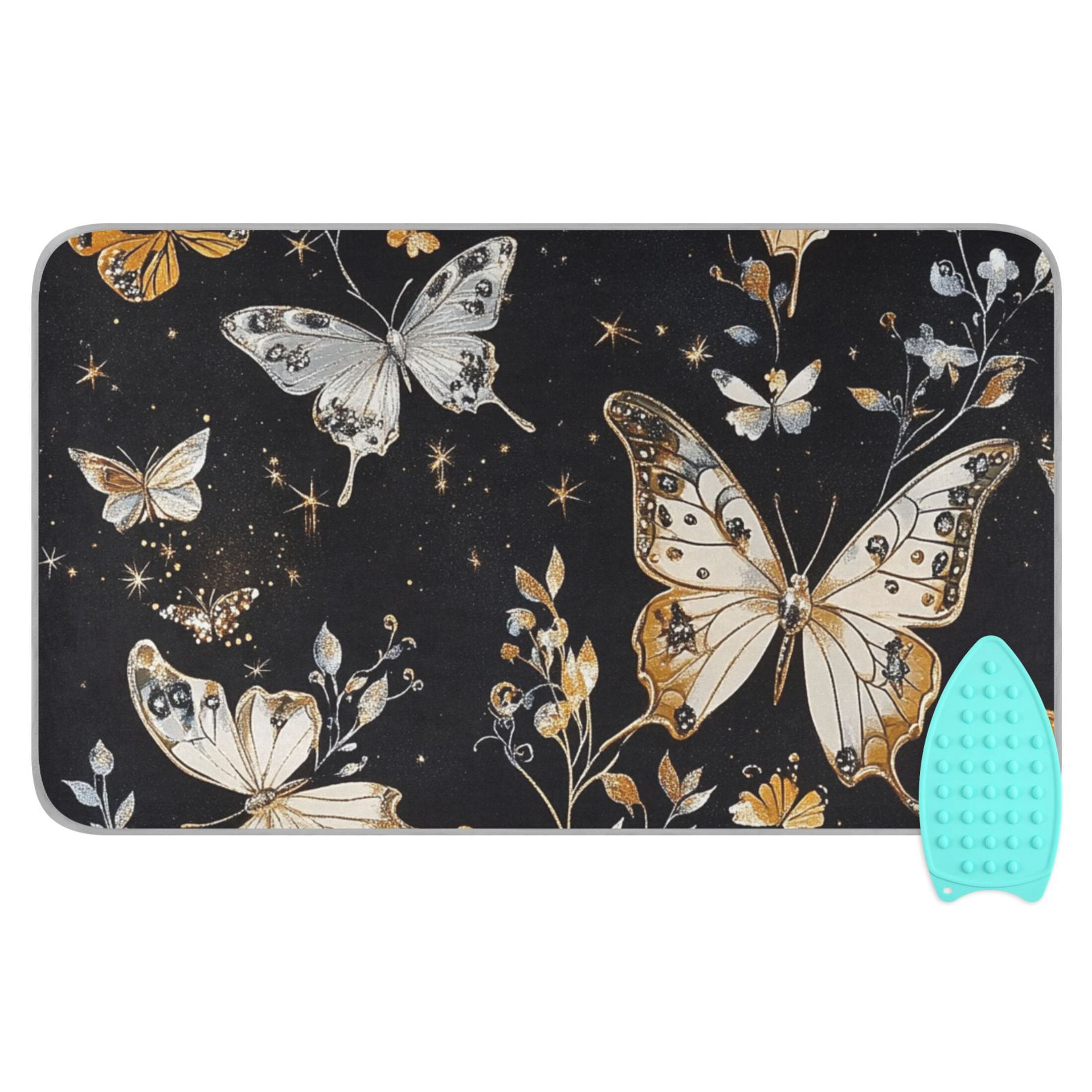 Gold Silver Butterflies Leaves Ironing Mat Blanket Portable Travel Ironing Pad Heat Resistant Pad 47.2" x 27.6”