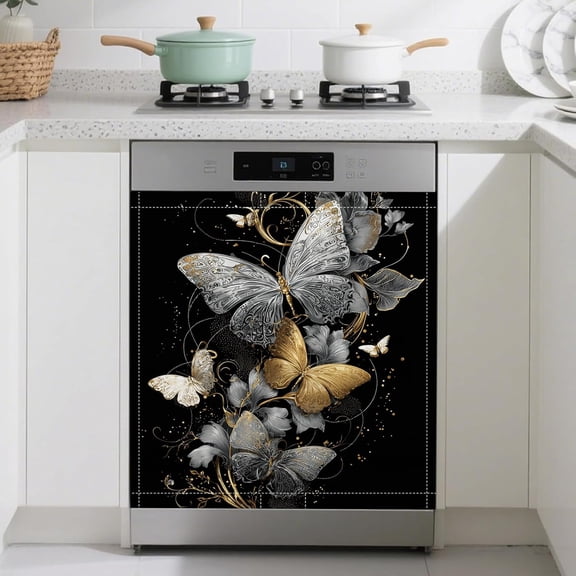 Gold Silver Butterfly Dishwasher Magnet Cover Front Dishwasher Sticker Reusable Waterproof Removable Refrigerator Magnet Cover for Home Kitchen Appliance 23x26 Inch