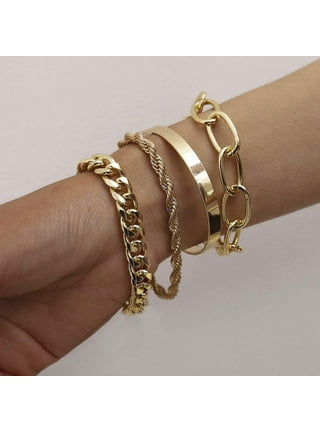 (5Pack)Gold Bracelets Set for Women Girls Boho Chain Multiple Layered  Stackable Bangle Plated Mothers Day Gift Open Adjustable Cuff Italian Cuban