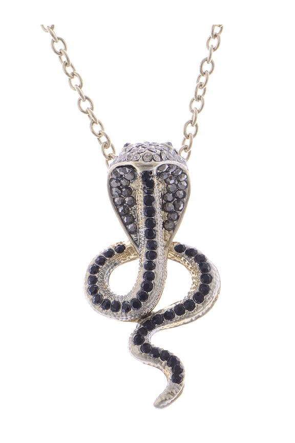 Gold Silver Cobra Snake Black Crystal Rhinestone Chain Pendant Necklace, Silver
