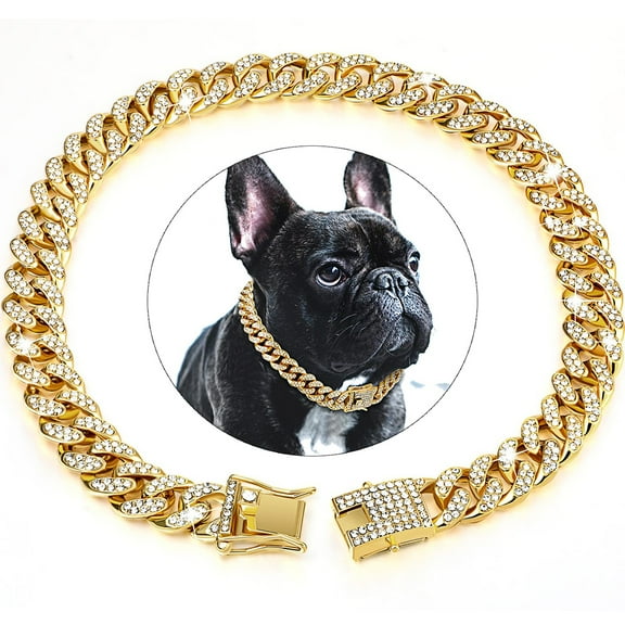 Gold Silver Cuban Chain Dog Collar Diamond Cuban Chain Pet Collar For Dog Cat Jewelry 10/14/16/18/20/24 Inch