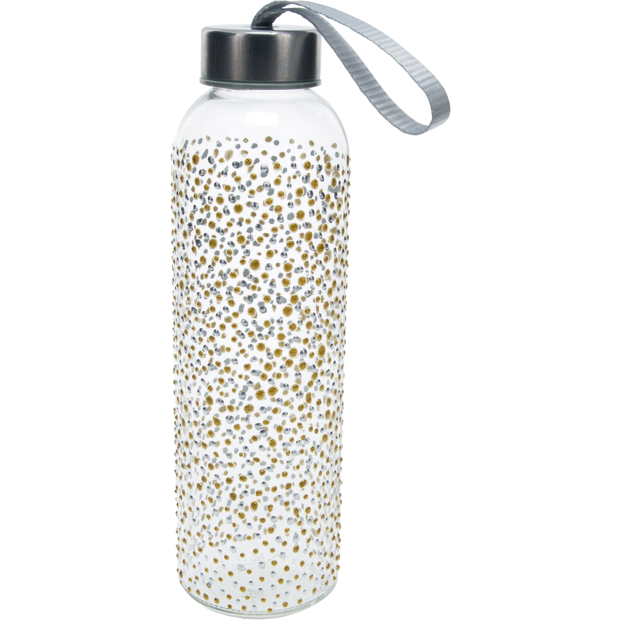 Gold & Silver Dots - 16.5 oz Hand Decorated Glass Water Bottle