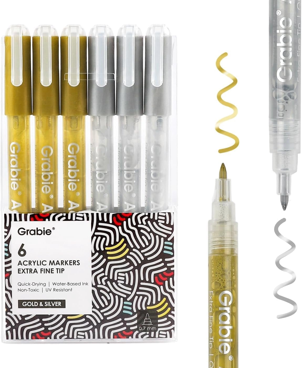 Gold&Silver Extra Fine Tip Acrylic Paint Marker Set, 6 Pack Gold Paint Markers, 0.7mm Acrylic Paint Pens for Black Paper, Halloween Pumpkin, Christmas DIY, Silver Pen(Gold&Silver)