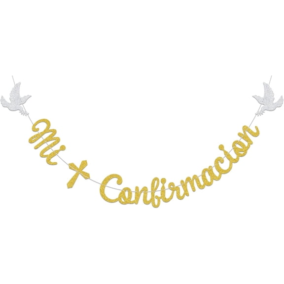 Gold Silver Glitter Mi Confirmacion Cursive Banner with Cross & Dove Cutouts, Spanish Catholic Confirmation Party Decor