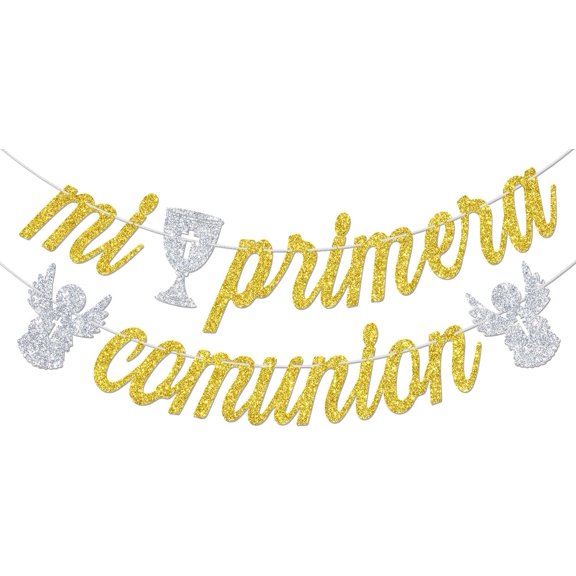 Gold Silver Glitter Mi Primera Comunion Banner, Spanish First Holy Communion Party Decorations Angel Chalice Garland Sign