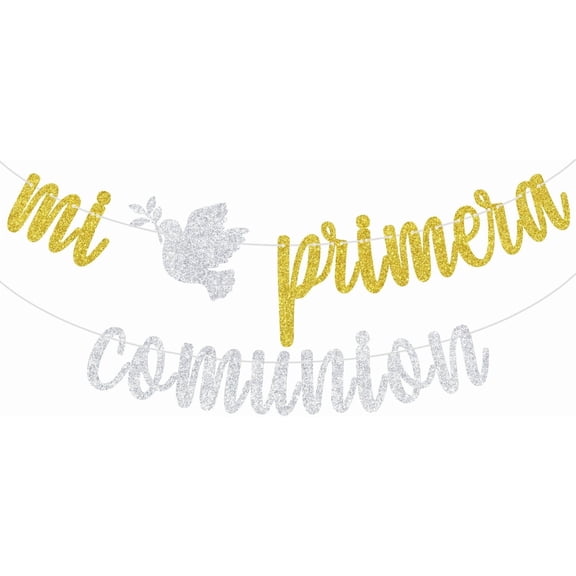 Gold Silver Glitter Mi Primera Comunion Banner with Peace Dove Ornament, Spanish First Communion Religious Party Hanging Garland Sign