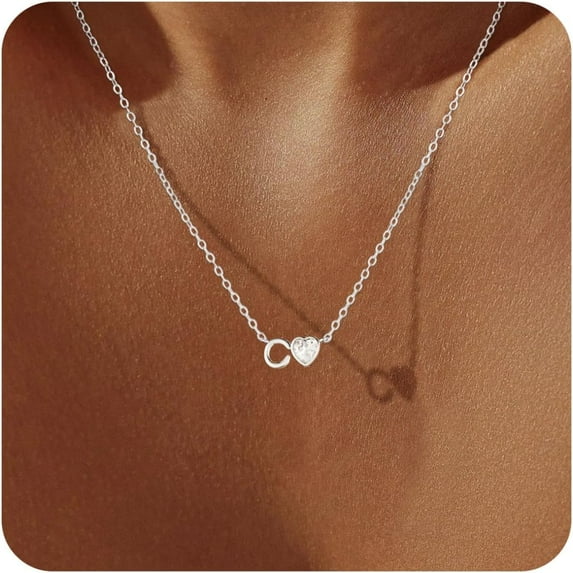 Gold/Silver Heart Initial Necklace for Women,14K Gold Plated CZ Heart Letter Pendant Necklace