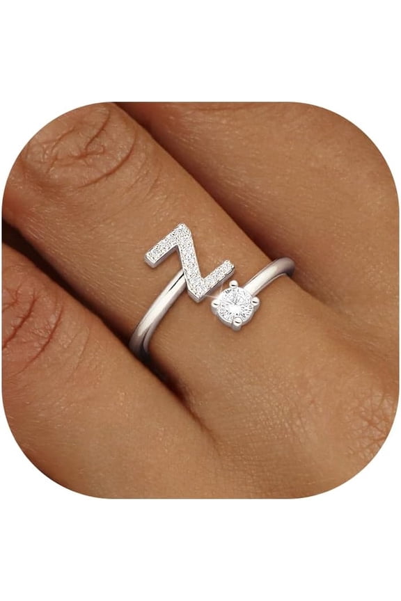 Gold Silver Initial Rings for Women Non Tarnish Dainty 14k Gold Plated Stackable Rings for Women Trendy Adjustable Capital Letter Cubic Zirconia Thumb Pinky Ring Unique Cute Open Birthday Gift Jewelr